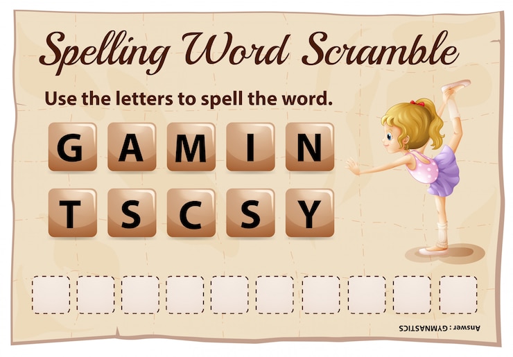 Vector gratuito ortografía word scramble game con word gymnastics