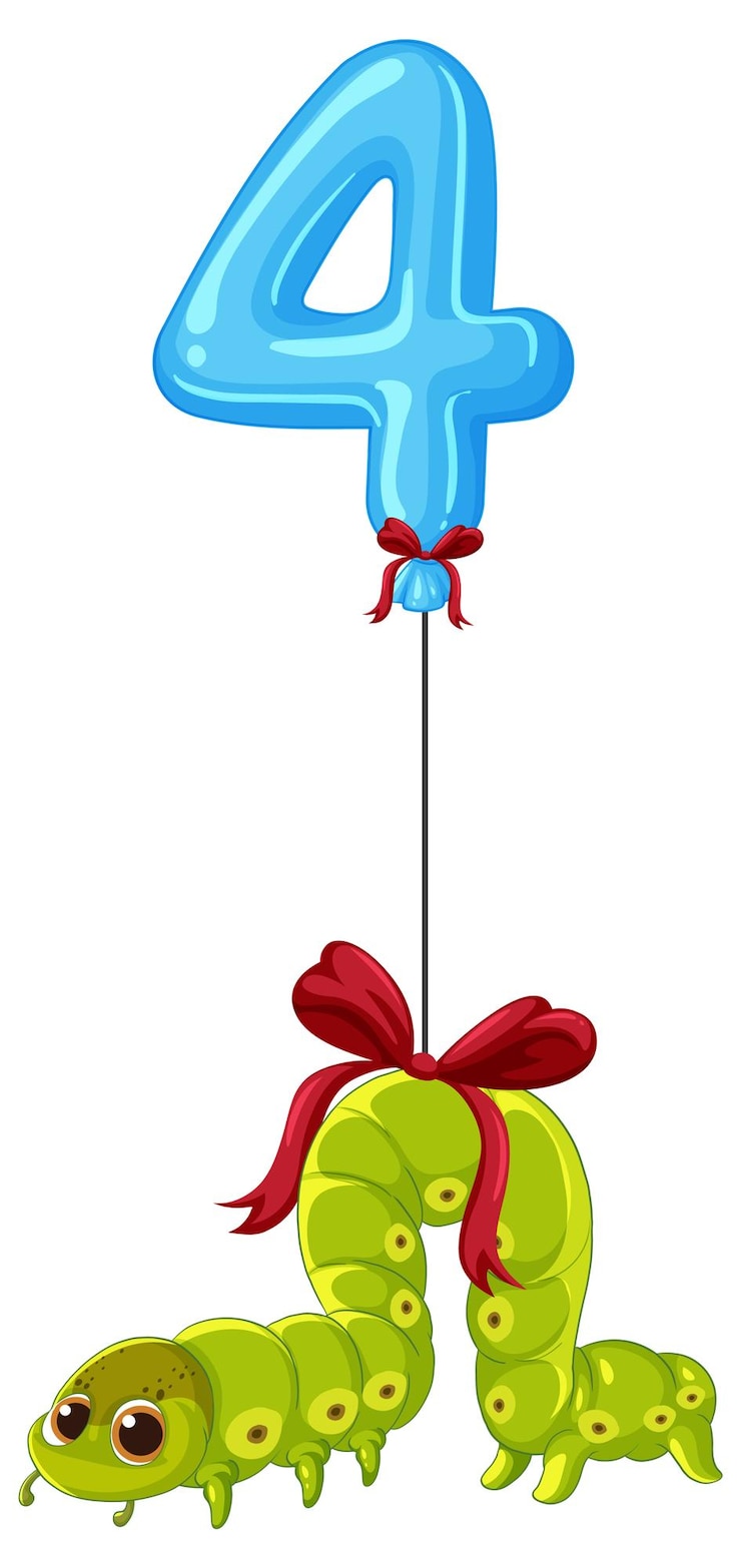 Vector gratuito la oruga juguetona con el globo número cuatro