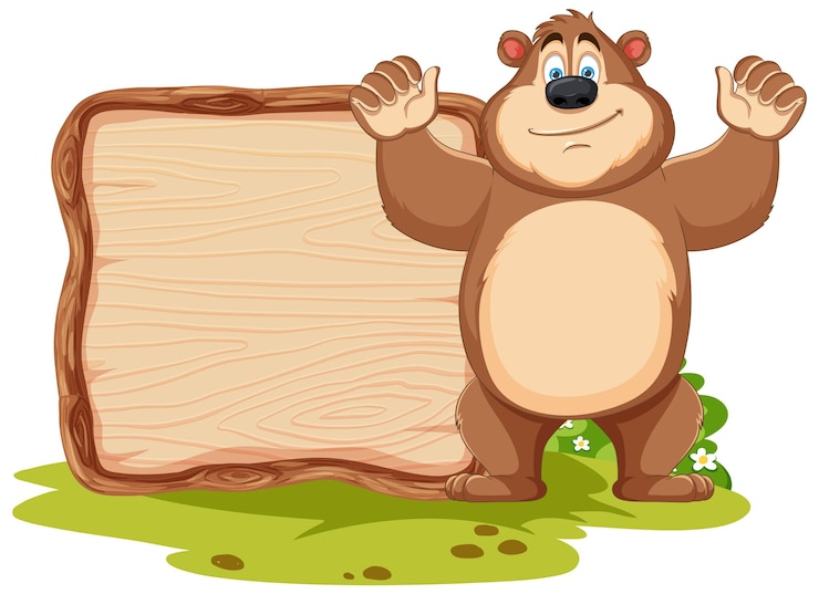 Vector gratuito un oso alegre con un letrero de madera en blanco