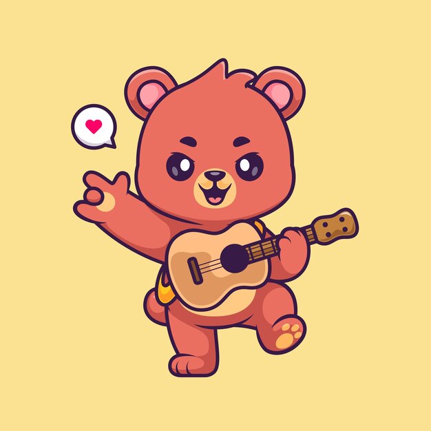 Oso lindo tocando la guitarra con ilustración de icono de vector de dibujos animados de mano de metal. música animal aislada