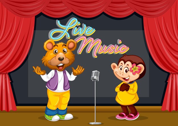 Oso y mono cantando en el escenario.