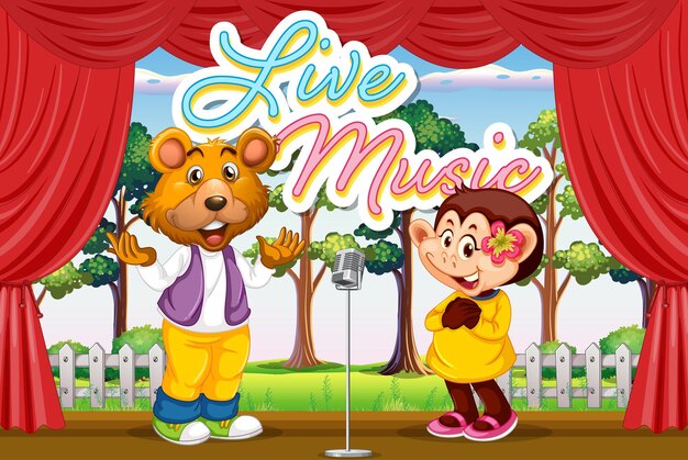 Oso y mono cantando en el escenario.