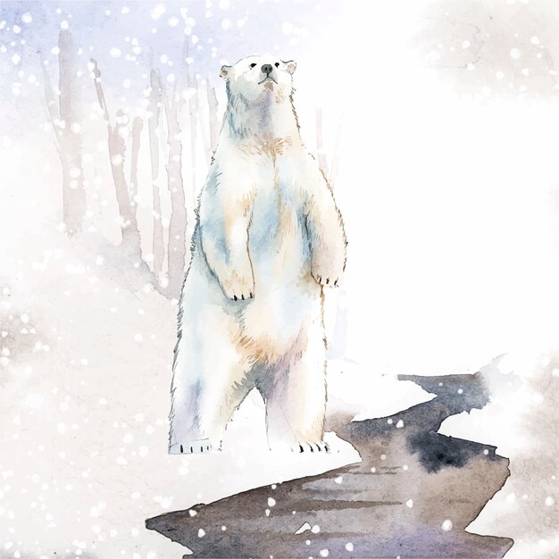 Oso polar dibujado a mano en el vector de estilo acuarela de nieve
