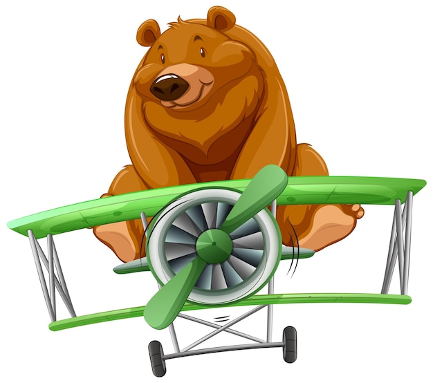 Un oso volando un biplano verde