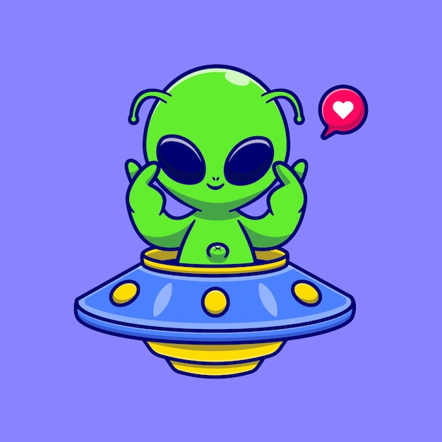 OVNI lindo del montar a caballo extranjero con el ejemplo del icono del vector de la historieta de la muestra del amor. Concepto de icono de tecnología de ciencia aislado Vector Premium. Estilo de dibujos animados plana