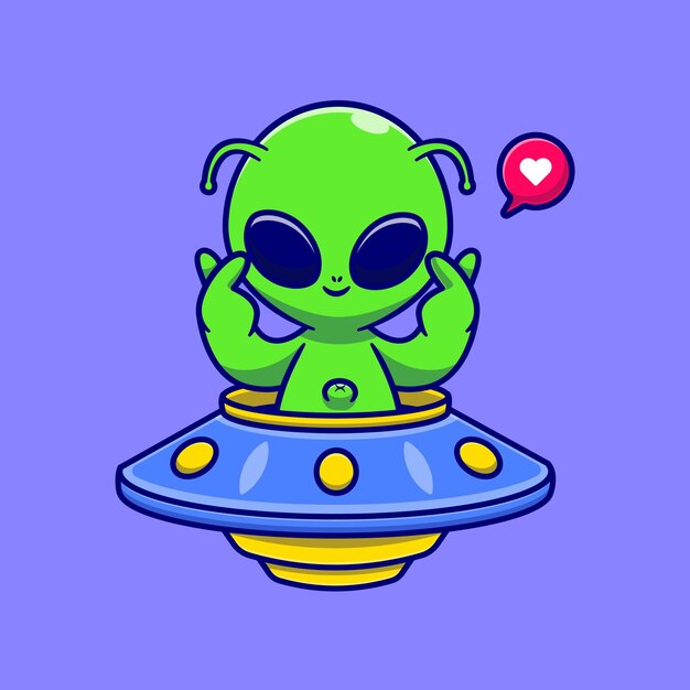 OVNI lindo del montar a caballo extranjero con el ejemplo del icono del vector de la historieta de la muestra del amor. Concepto de icono de tecnología de ciencia aislado Vector Premium. Estilo de dibujos animados plana