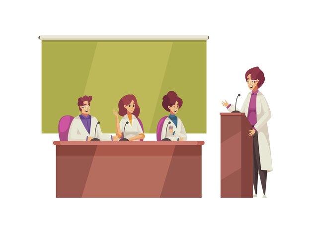 Oyentes y oradores en dibujos animados de conferencias médicas.