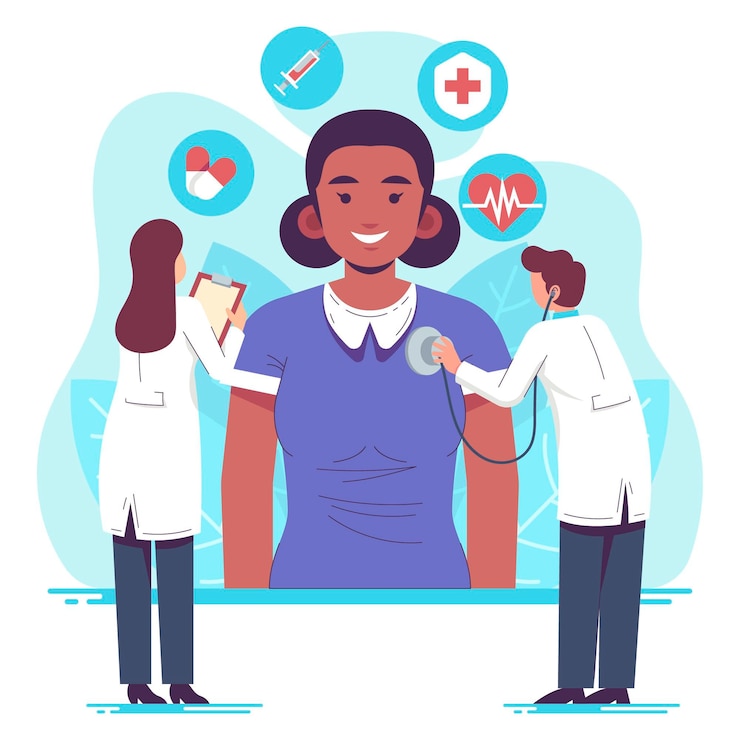 Vector gratuito paciente dibujado a mano plana tomando un examen médico