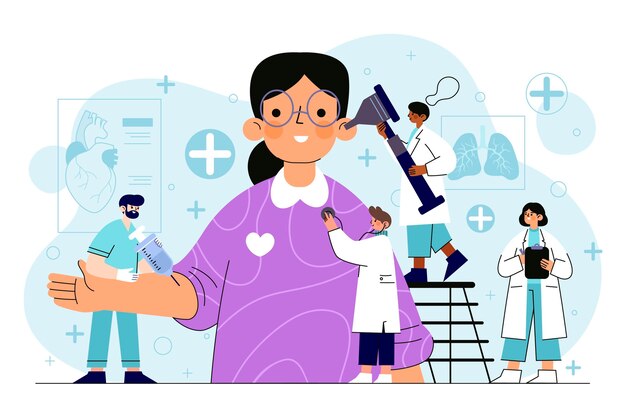 Paciente dibujado a mano plana tomando un examen médico