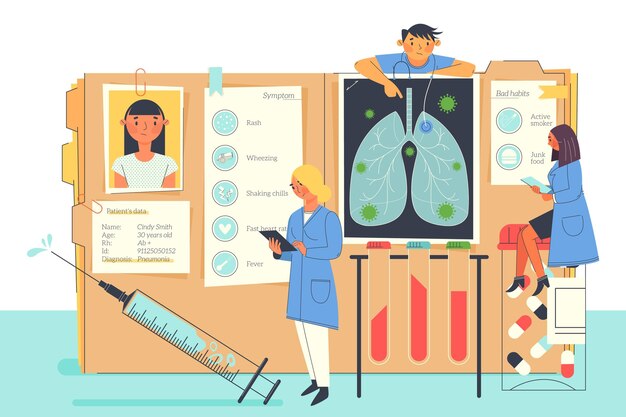 Paciente dibujado a mano plana tomando un examen médico