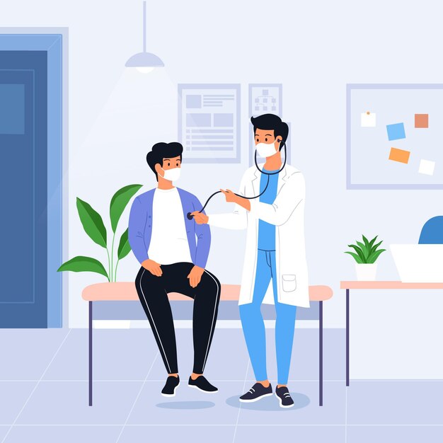 Paciente dibujado a mano plana tomando una ilustración de examen médico