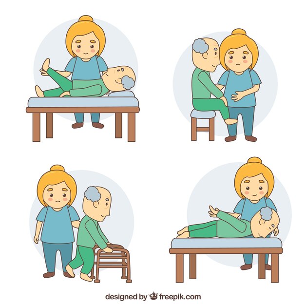Paciente haciendo cuatro ejercicios de rehabilitación diferentes