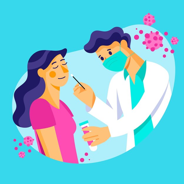 Paciente mujer y médico haciendo una prueba de hisopo nasal