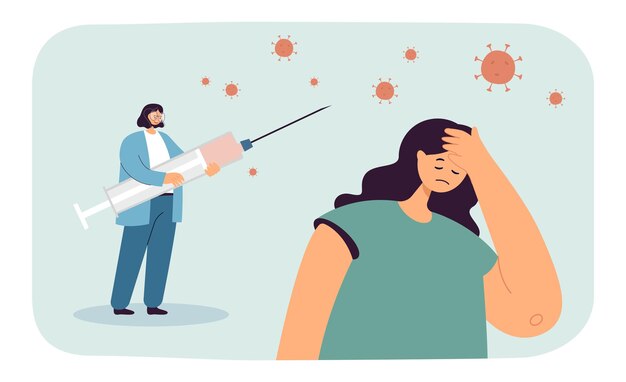 Paciente mujer temerosa de un pequeño médico con jeringa de vacuna. Resistencia de la mujer contra la ilustración de vector plano de vacunación. Inmunización, concepto de fobia para banner, diseño de sitio web o página web de inicio
