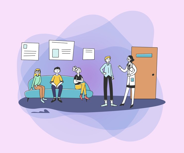 Vector gratuito paciente que visita el consultorio del médico