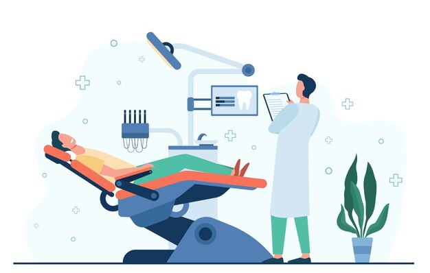 Paciente sentado en la silla médica durante la visita o el tratamiento aislado ilustración vectorial plana. Dentista de dibujos animados trabajando en gabinete de diagnóstico. Concepto de clínica dental y estomatología