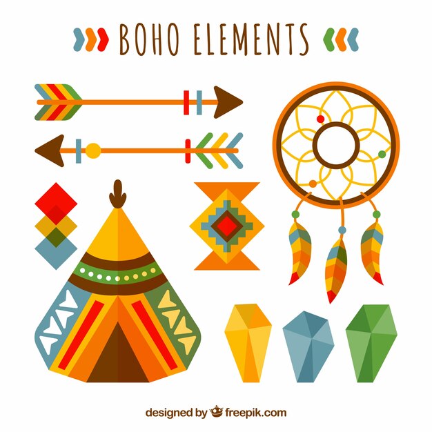 Pack de accesorios boho en diseño plano 