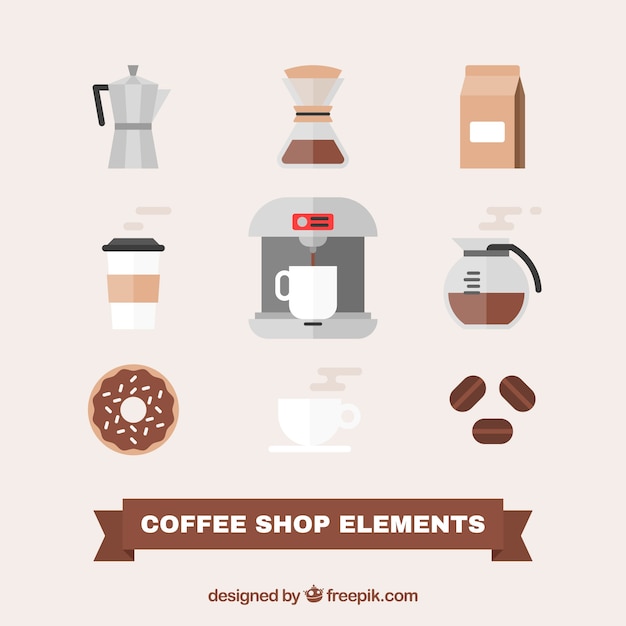 Pack de accesorios de cafetería en diseño plano