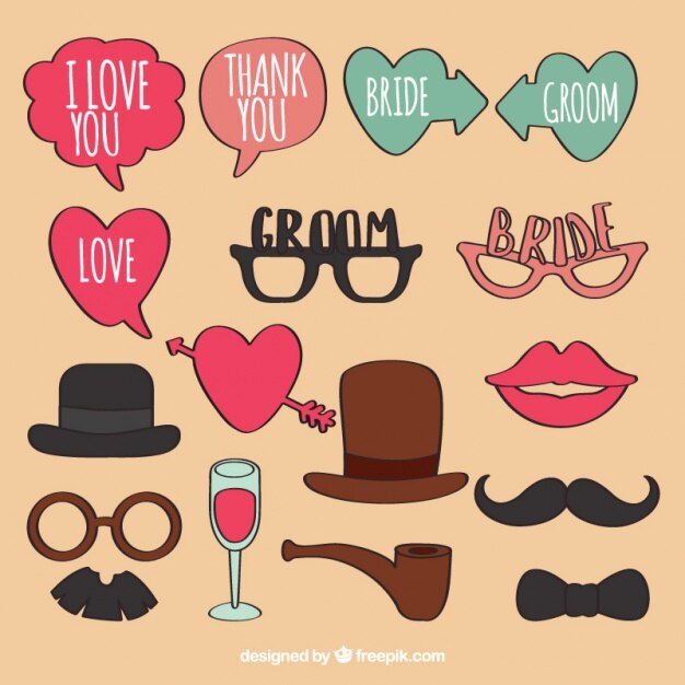 Pack de accesorios dibujados a mano para boda