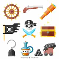 Vector gratuito pack de accesorios de piratas en diseño plano