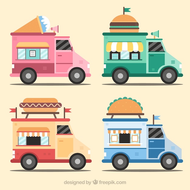 Vector gratuito pack adorable de food trucks planos