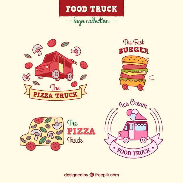 Vector gratuito pack adorable de logos de food truck a mano