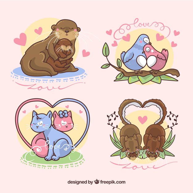 Pack de adorables parejas de animales dibujados a mano 