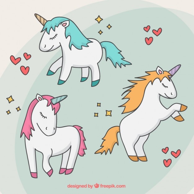 Vector gratuito pack de adorables unicornios dibujados a mano