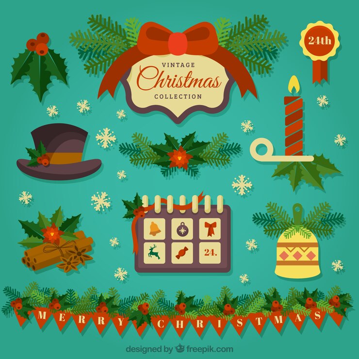 Vector gratuito pack de adornos vintage de navidad y guirnalda 