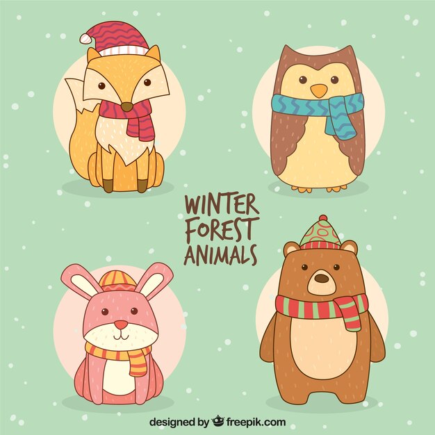 Pack de animales adorables dibujados a mano con bufanda y gorro