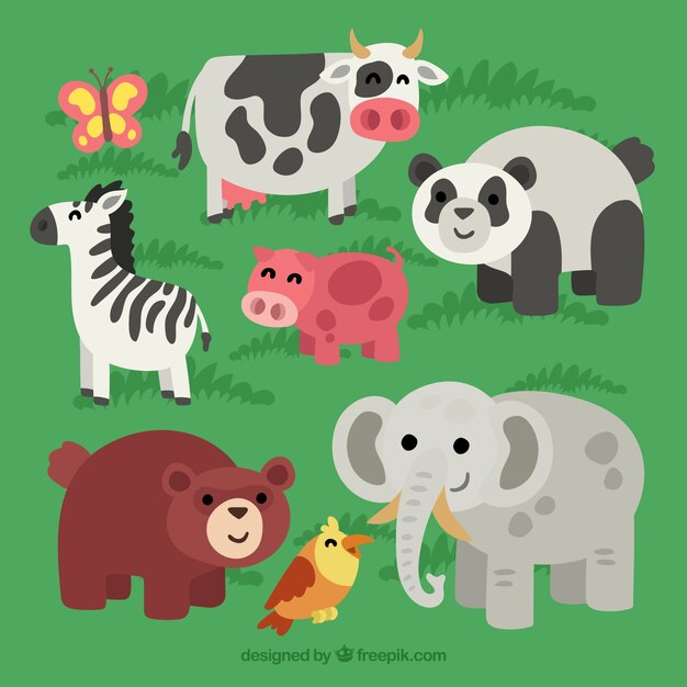 Vector gratuito pack de animales felices en la naturaleza