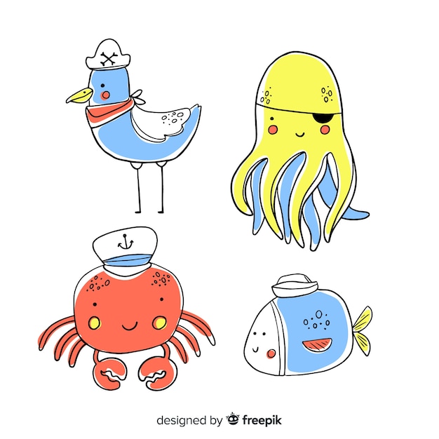 Pack animales marinos adorables dibujados a mano