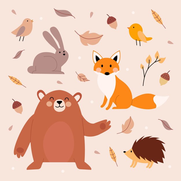 Pack de animales otoñales dibujados a mano