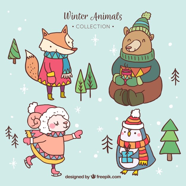 Pack de animales con ropa de invierno dibujados a mano