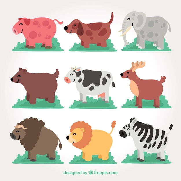 Pack con animales sonrientes de perfil