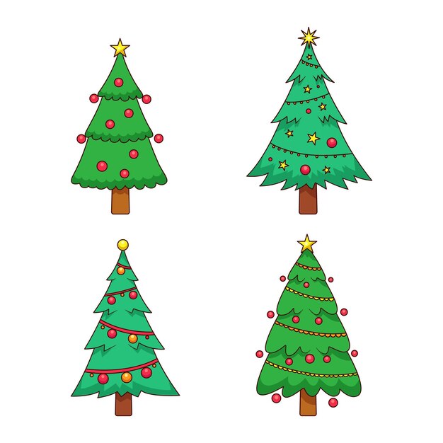 Pack de árboles de navidad dibujados con adornos