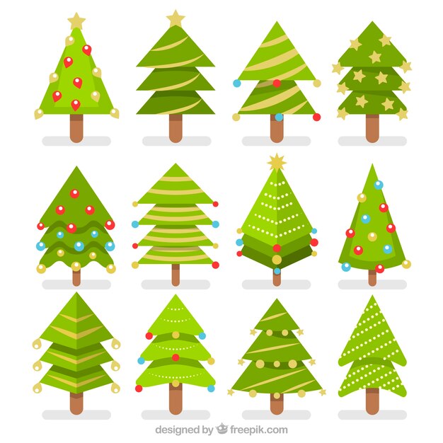 Pack de árboles de navidad en diseño plano