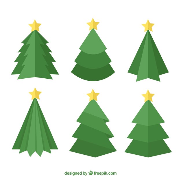Pack de árboles de navidad con estrellas en diseño plano