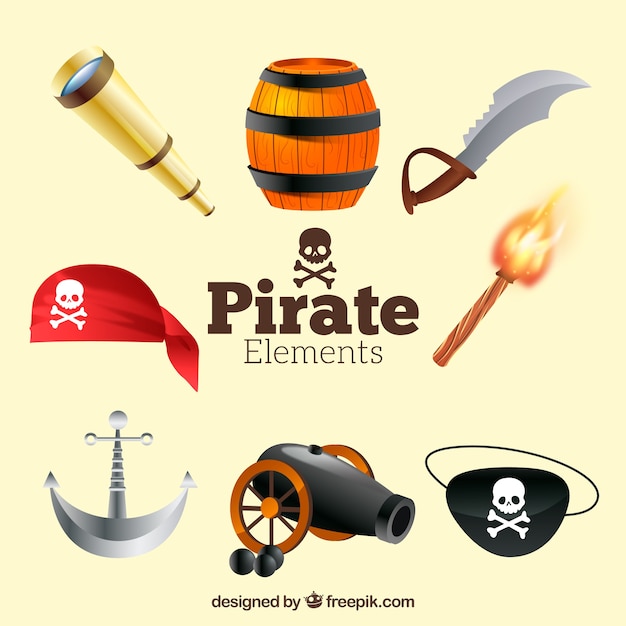 Vector gratuito pack de artículos pirata en diseño realista