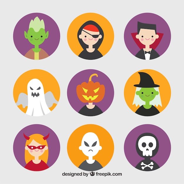 Pack de avatares con disfraces de halloween en diseño plano