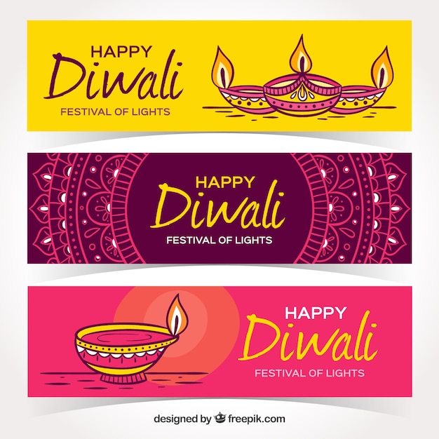 Vector gratuito pack de banners de diwali dibujados a mano