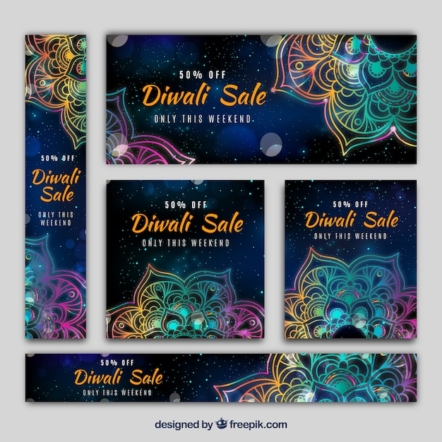 Vector gratuito pack de banners de diwali con mandalas coloridos