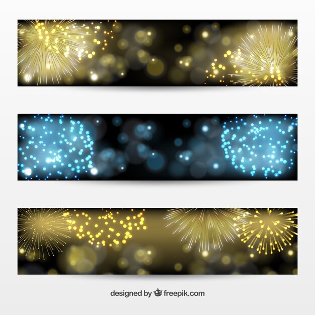 Pack de banners de fuegos artificiales dorado y azul