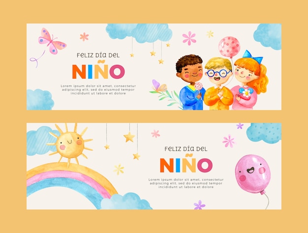 Pack de banners horizontales del día del niño en acuarela en español