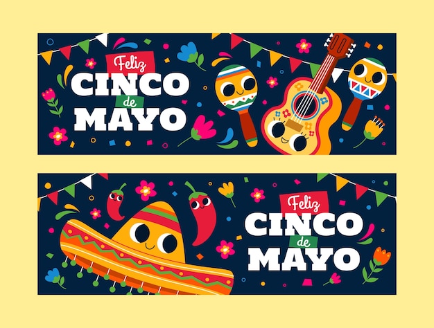 Vector gratuito pack de banners horizontales planos cinco de mayo