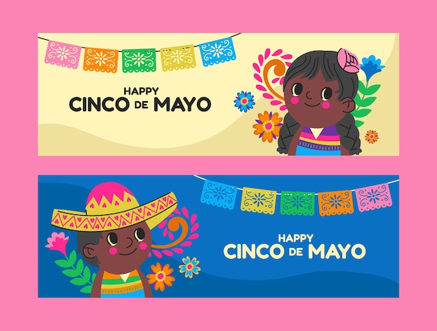 Vector gratuito pack de banners horizontales planos cinco de mayo