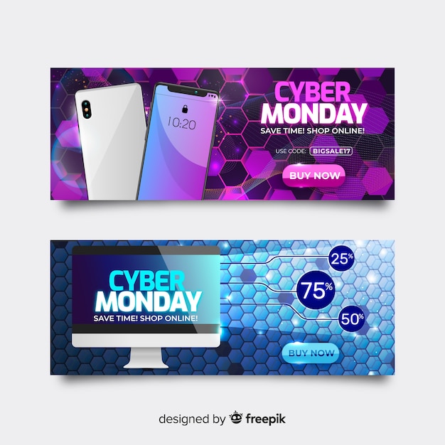 Vector gratuito pack de banners realistas de ciber lunes