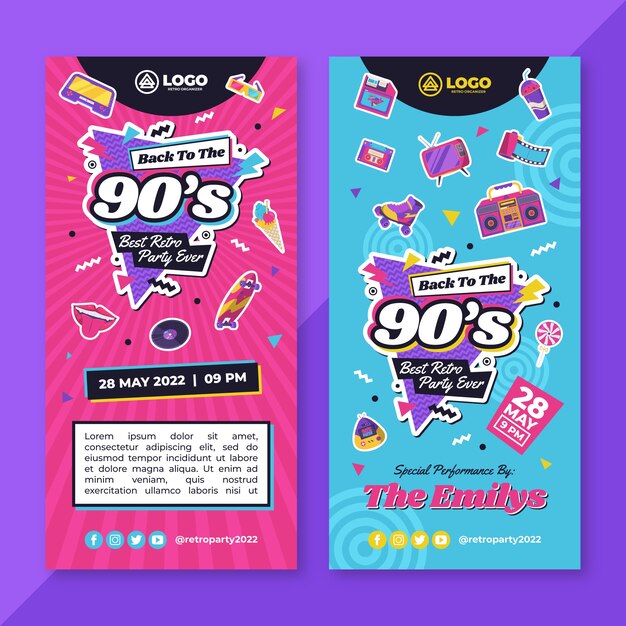 Pack de banners verticales de fiesta plana de los 90