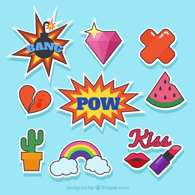 Vector gratuito pack básico de pegatinas de pop art