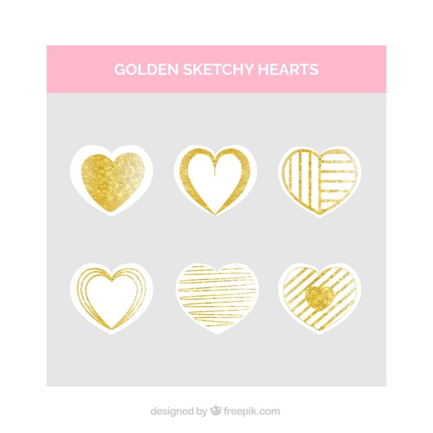 Pack de bocetos dorados de corazones 